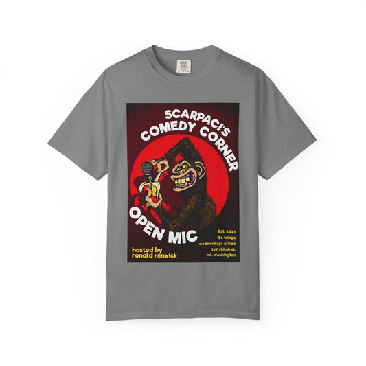 Comedy Open Mic T‑Shirt — "Scarpaci’s Comedy Corner" Vintage Gorilla Poster Tee
